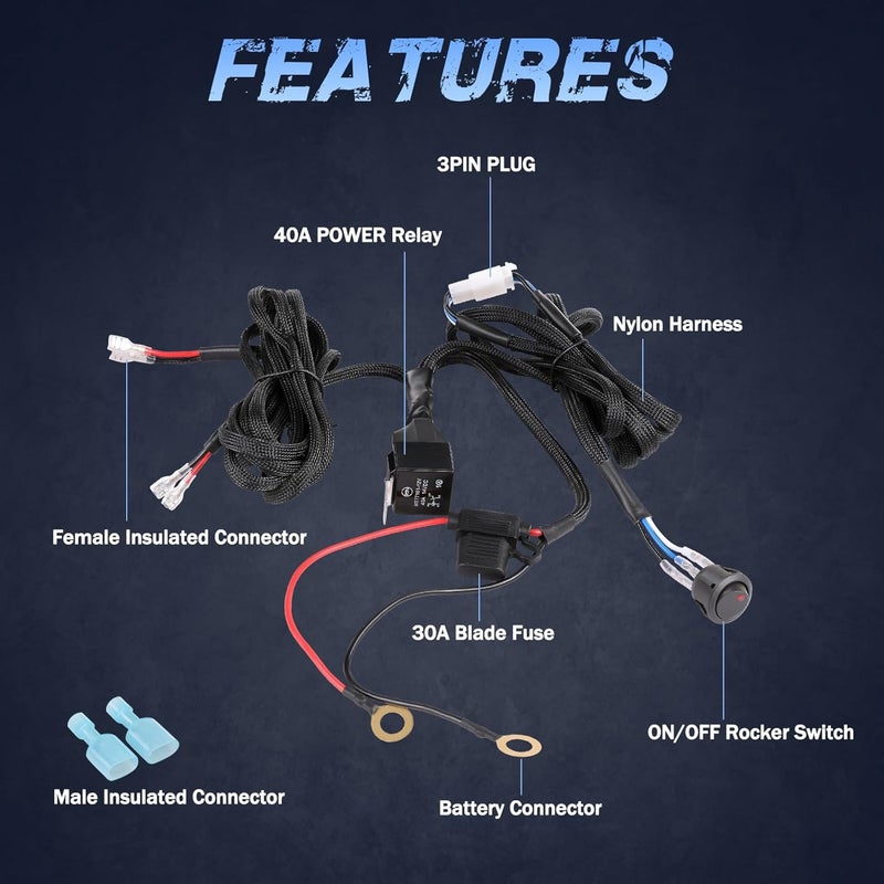 Fastchoy Auto مجموعة أسلاك توصيل 2 رصاص، مجموعة أسلاك شريط LED نايلون 12 فولت للأضواء الضبابية، أضواء LED، شريط ضوء مع 40A ريلاي فيوز ومفتاح روكر، مجموعة أسلاك السيارات للشاحنات UTV ATV - Image 2